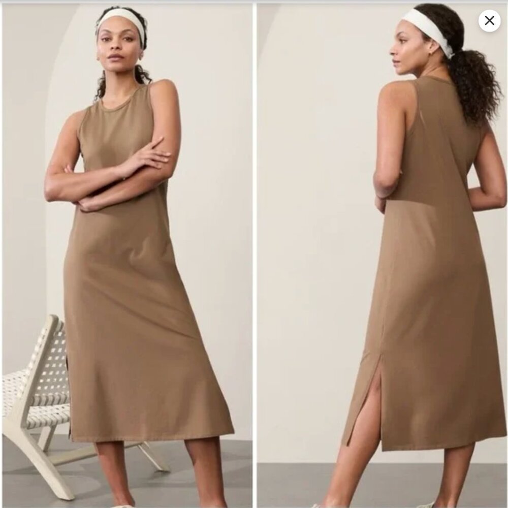 ATHLETA Essential Ribbed Knit Midi Dress Size M Athleisure Tan Brown Stretch